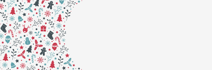 Christmas banner with festive icons. Concept of Xmas decoration with copyspace. Vector
