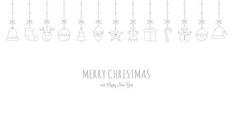 Minimalist Christmas background with hanging ornaments and wishes. Xmas greeting card. Vector