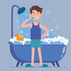 Young man brushing teeth in a bathroom. Oral hygiene, care of dental health. Vector flat cartoon character illustration on violet background.