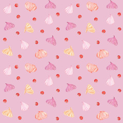 Pink seamless pattern with marshmallows and red currant. Cute and festive design for holidays, kids parties, wrapping paper, backgrounds and textile. Elements are hand drawn in watercolors. 