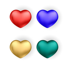 Set of realistic multicolor 3d hearts isolated on white background.