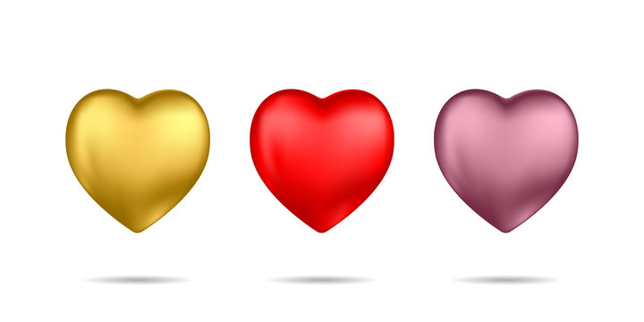 Set of realistic multicolor 3d hearts isolated on white background.