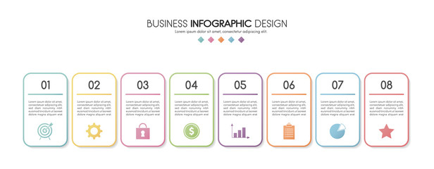 Colourful infographic with 8 steps and business icons. Diagram. Vector