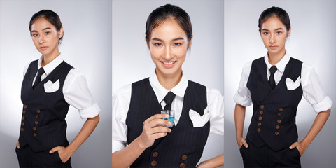 Asian Woman wear waistcoat white shirt as bartender career