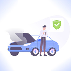 Car insurance concept. Young man calling insurance service because of car crash or engine breakdown. Concept of automobile safety, vector illustration