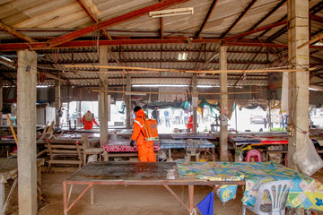 Officers enter the area to spray disinfectants. To prevent the spread of COVID-19