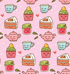 Kawaii tea time with cute cake and strawberry jam seamless background