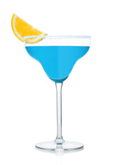 Blue lagoon summer cocktail in margarita glass with orange slice on white.