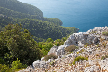 Fototapeta na wymiar Croatia - The wild landscape and the coast of Peliesac peninsula near Zuliana from Sveti Ivan peak.