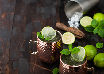Moscow mule cocktail in a copper mug with lime and mint and wooden squeezer on dark wooden background and steel shaker.