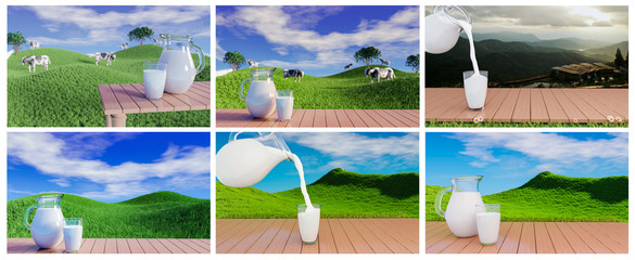 Set of Fresh milk in clear glass and milk jug on the reflective plank floor. Bright green grassland cows are walking freely and enjoying eating grass. Clear blue sky with white clouds. 3D rendering