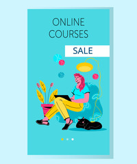 Mobile page template for online courses application with woman student in learning process. Online education and distance e-learning, educational training, flat vector illustration.
