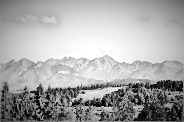 Tatra Mountains panorama. Black & white digital painting. Gorgeous mountain range with high rocky peaks. Beautiful view from Kotelnica mountain. Bialka Tatrzanska, Podhale, Poland. High Tatra summits.