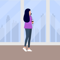 Woman talking on the phone and drinking coffee walking down. Vector illustration, flat design.