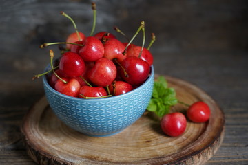 Red sweet cherries. Fruit bird cherry, (Prunus avium) plant species belonging to the rosaceae family
