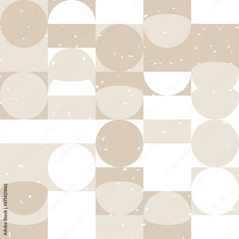 Poster Modern vector abstract seamless geometric pattern with semicircles, squares and circles in retro scandinavian style. Pastel colors shapes with worn out texture on white background.