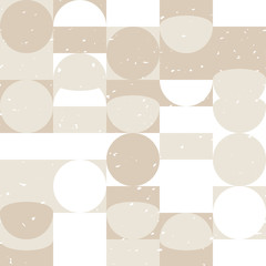 Modern vector abstract seamless geometric pattern with semicircles, squares and circles in retro scandinavian style. Pastel colors shapes with worn out texture on white background.