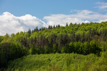 Scenic green rolling hills against the blue sky with clouds.
