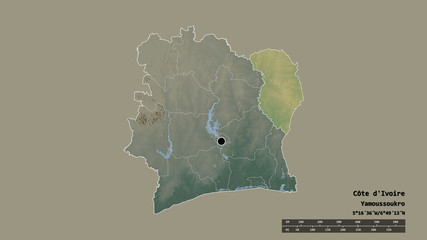 Location of Zanzan, district of Côte d'Ivoire,. Relief