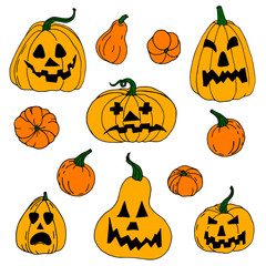 Set of Halloween scary pumpkins. Halloween party. Autumn holidays.
