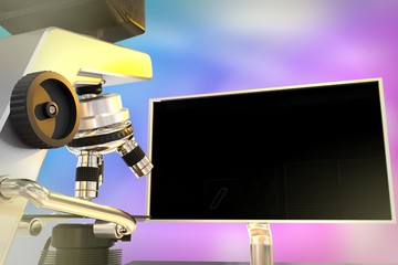 medical work concept, lab modern microscope and monitor with blank space for your content on bokeh background - object 3D illustration