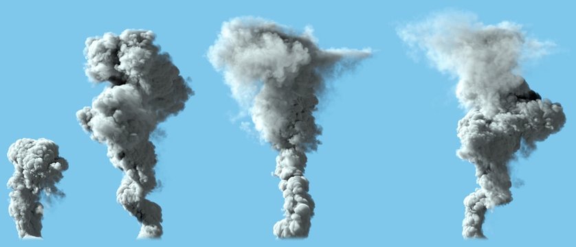 4 different renders of dense white smoke column as from volcano or large industrial explosion - pollution concept, 3d illustration of object