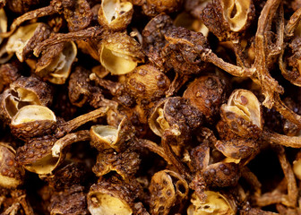 super macro shot food background of Indonesian andaliman wild pepper berry shell isolated very close in detail on black