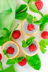 light summer dietary dessert (proper nutrition) is a tart with chia seeds, raspberries and mint. Healthy food for those who look after their figure