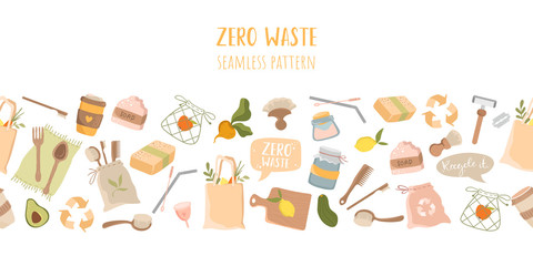 Reusable eco products. Zero waste life style doodle illustration on white background. Seamless vector pattern.