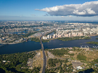 Naklejka premium High view of the Dnieper river in Kiev. A cloud over the city.