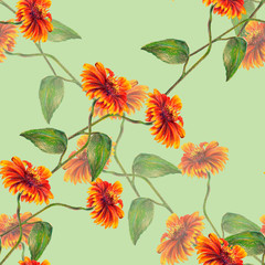 Sunfllower with a leaf on a green background. Flower illustration for fabric. Seamless pattern with sunflowers. 