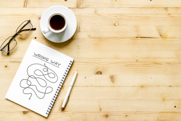 Wrong way illustration. Confused complicated path in notepad copy space