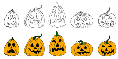 Set of Halloween scary pumpkins. Halloween party. Autumn holidays.