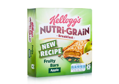 LONDON, UK - DECEMBER 15, 2017: Box of Kellogg's brand Nutri grain Soft Baked Breakfast Bars on white. Made with Real Fruit and Whole Grains. Apple