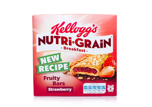 LLONDON, UK - DECEMBER 15, 2017: Box of Kellogg's brand Nutri Grain Soft Baked Breakfast Bars on white background. Made with Real Fruit and Whole Grains. Strawberry
