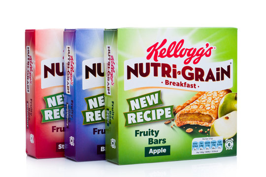 LONDON, UK - DECEMBER 15, 2017: Boxes of Kellogg's brand Nutri grain Soft Baked Breakfast Bars on white. Made with Real Fruit and Whole Grains.