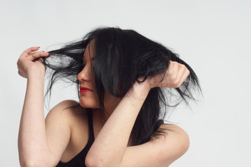 Photo session in the studio. White woman as a model. Portraits