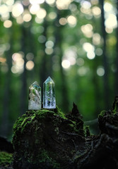 quartz crystals on mysterious nature background. Magic Rock for Crystal Ritual, Witchcraft,...