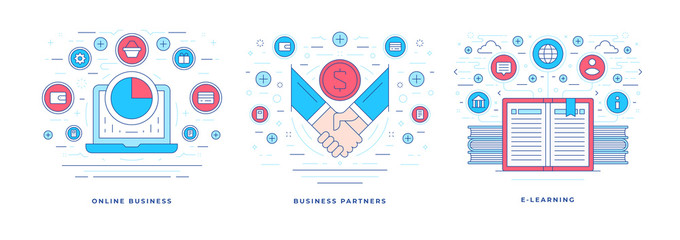Set of vector illustrations flat line banners for online business and e learning services social media marketing