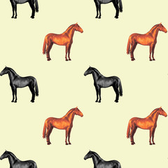 seamless background of realistic figures of horses, on a yellow  background for packaging, postcards, notebooks, fabrics