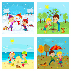 Obraz na płótnie Canvas kids,boy and girl and four seasons, illustration,vector