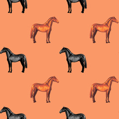 seamless background of realistic figures of horses, on a orange background for packaging, postcards, notebooks, fabrics