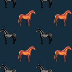 seamless background of realistic figures of horses, on a white and colored background for packaging, postcards, notebooks, fabrics