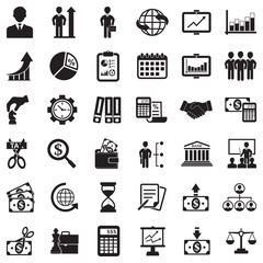 Business Icons. Black Flat Design. Vector Illustration.
