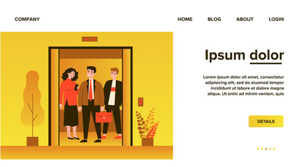 Positive people standing on elevator cab. Men and woman standing inside lift cabin with open doors. Vector illustration for architecture, transportation, technology concept © Bro Vector