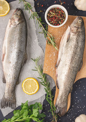 Fresh raw trout with rosemary, garlic, pepper, salt and lemon. Healthy Mediterranean food and dieting concept, top view, flat lay. Ready for a grill.