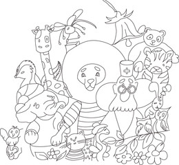 coloring page of kids with animals