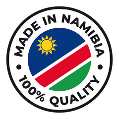 Vector circle symbol. Text Made in Namibia with flag. Isolated on white background.
