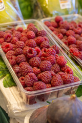 Organic blackberries ready for sale at the greengrocer stall