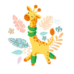 Cute giraffe in a scarf and socks on a white background with tropical leaves. Beautiful vector illustration for children